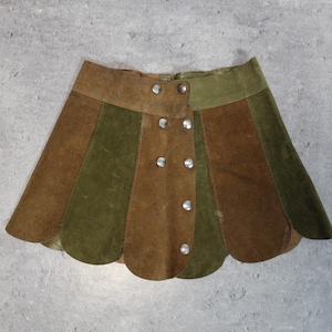 Vintage 70s Patchwork Suede Leather Mini Skirt Brown Green Boho Folk Hippie Snap Front Kids 5 6 Years Womens XXXS