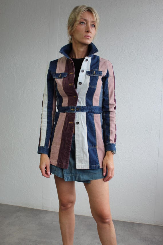 Denim Patchwork Blue Pink Jacket Striped Multicol… - image 4
