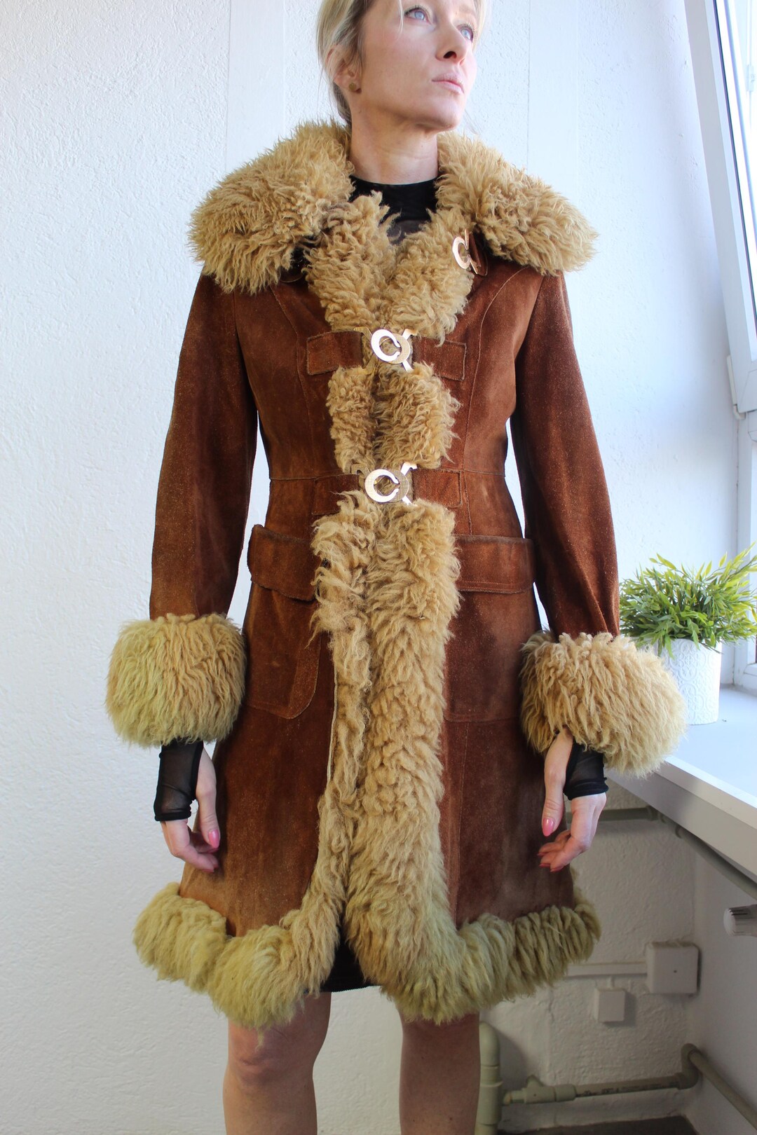 70's long Penny Lane artisan made Suede Coat with Fur Collar and Hood