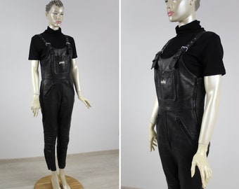 Macacão de couro preto para motocicleta anos 90, macacão de motociclista, calças femininas, macacão de couro legítimo, vintage, acolchoado, joelhos, anos 90, tamanho médio/grande
