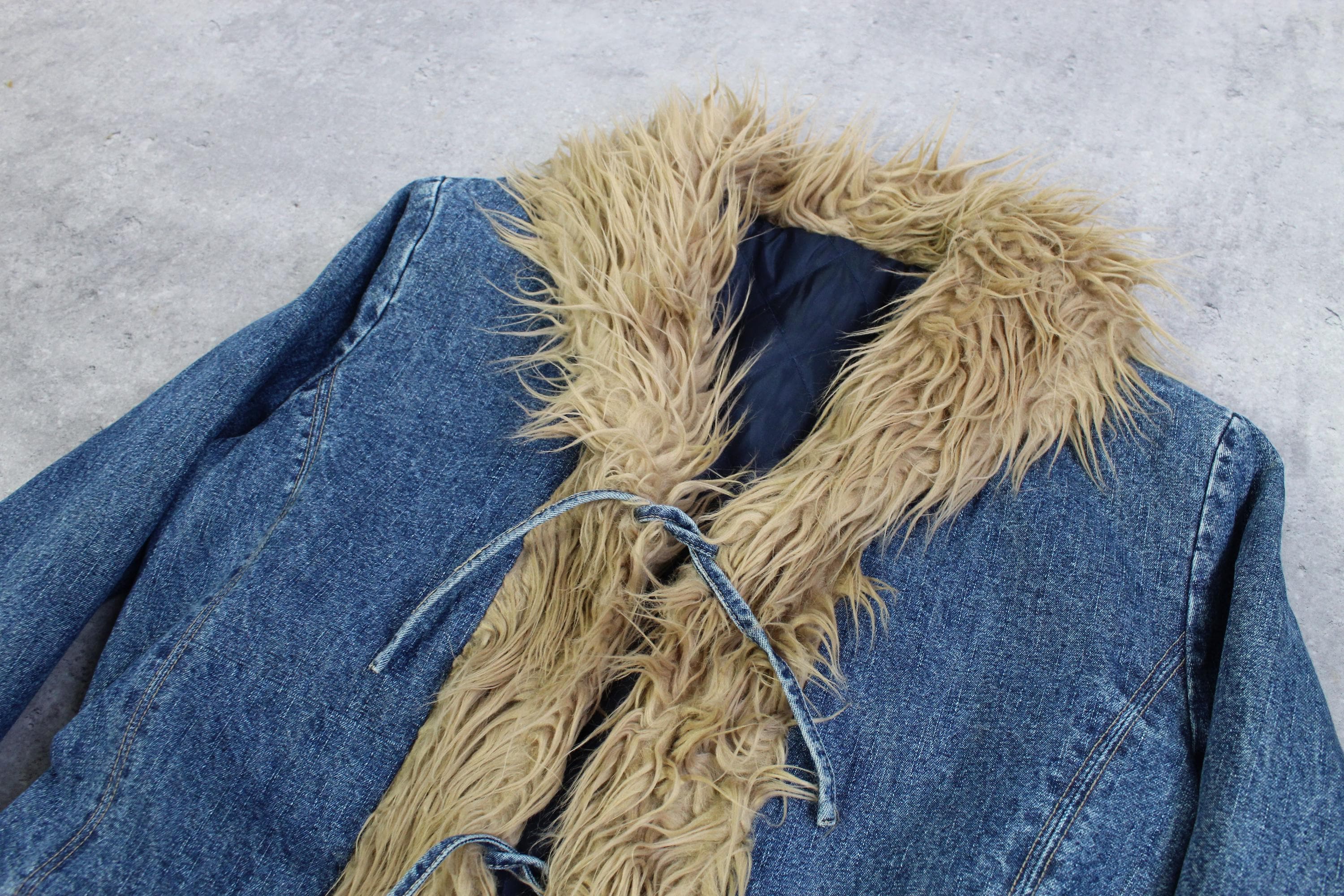 Vintage Y2k Denim Penny Lane Coat Afghan Shaggy Faux Fur Collar