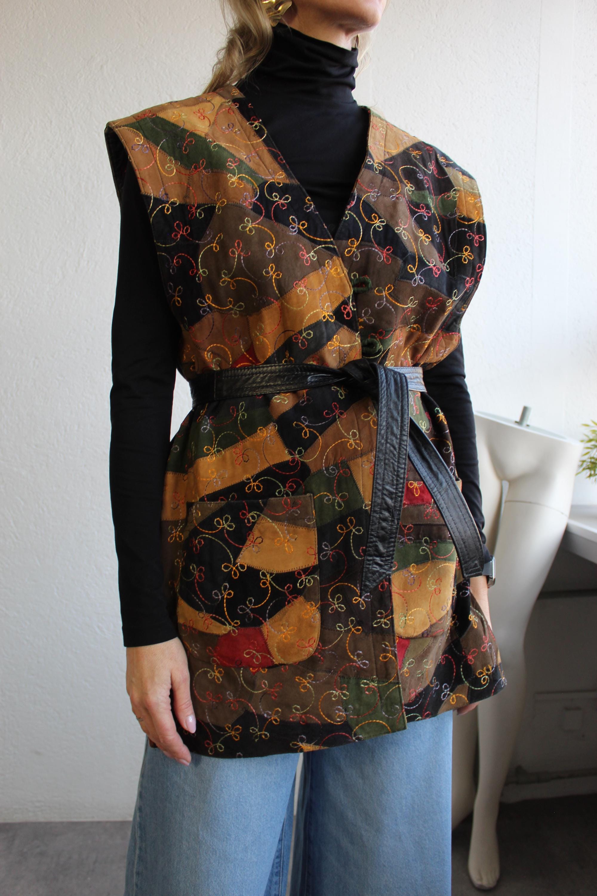 Vintage Leather Patchwork Vest 70s Embroidered Floral Multicolored 