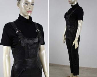 Black Leather Dungarees Motorcycle Overalls Womens Pants 90s Biker Dungaree Genuine Leather Vintage Padded Knees 1990s Size Extra Small / S