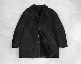 90s Black Jacket Shearling Coat Men's Sheepskin Jacket Winter Suede Lamb Outerwear Vintage Size Medium
