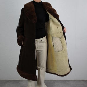 Vintage shearling marrom camurça casaco 70s pele de carneiro maxi casaco penny lane jaqueta l feminino boho casaco vintage gola de pele extra grande xl