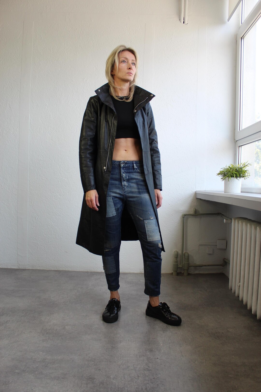 Vintage Y2k Diesel Leather Black Coat Long Zip up Trench Coat Mid