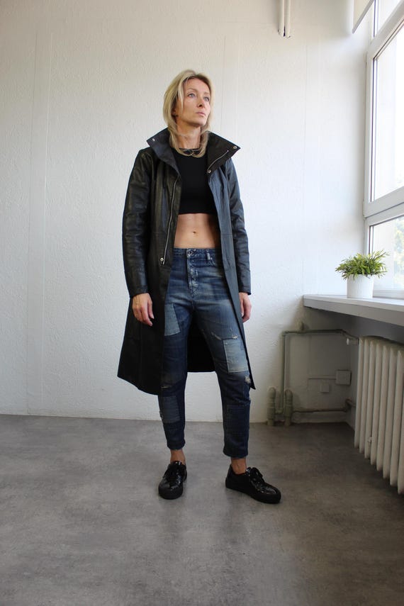 Vintage Y2k Diesel Leather Black Coat Long Zip up Trench Coat Mid