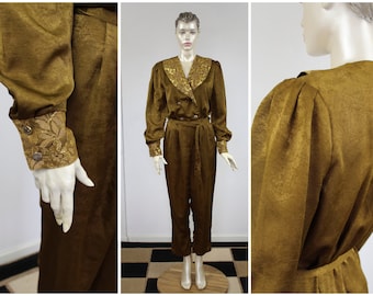 80s Gold Jumpsuit Tapered Jumpsuit V Neck Vintage Disco Romper Party Summer 1980s High Waisted Lace Long Sleeve Women Size Small/Medium