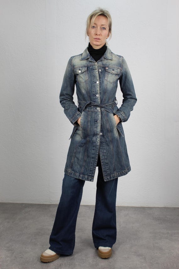 Y2k Miss Sixty Denim Blue Faded Trench Coat Vintage Jean Belted Jacket Long  Maxi Button Up Collared Women Size Medium