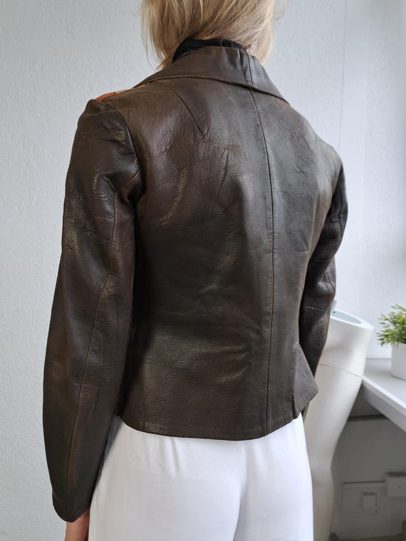 70s Leather Patchwork Jacket Zip up Short Coat Si… - image 8