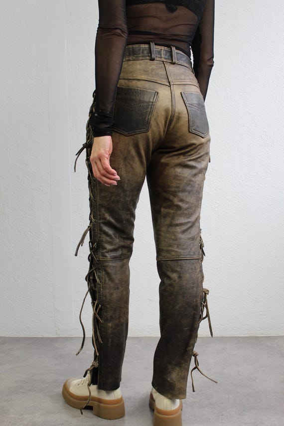 Distressed Brown Leather Pants Side Lace up Motorcycle Womens