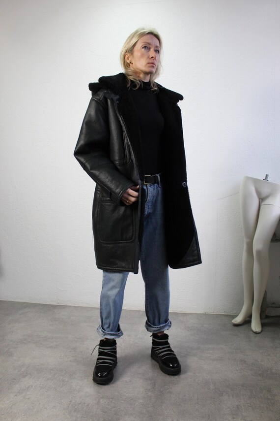 Vintage 90s Hooded Sheepskin Jacket Shearling Duffle Coat Black