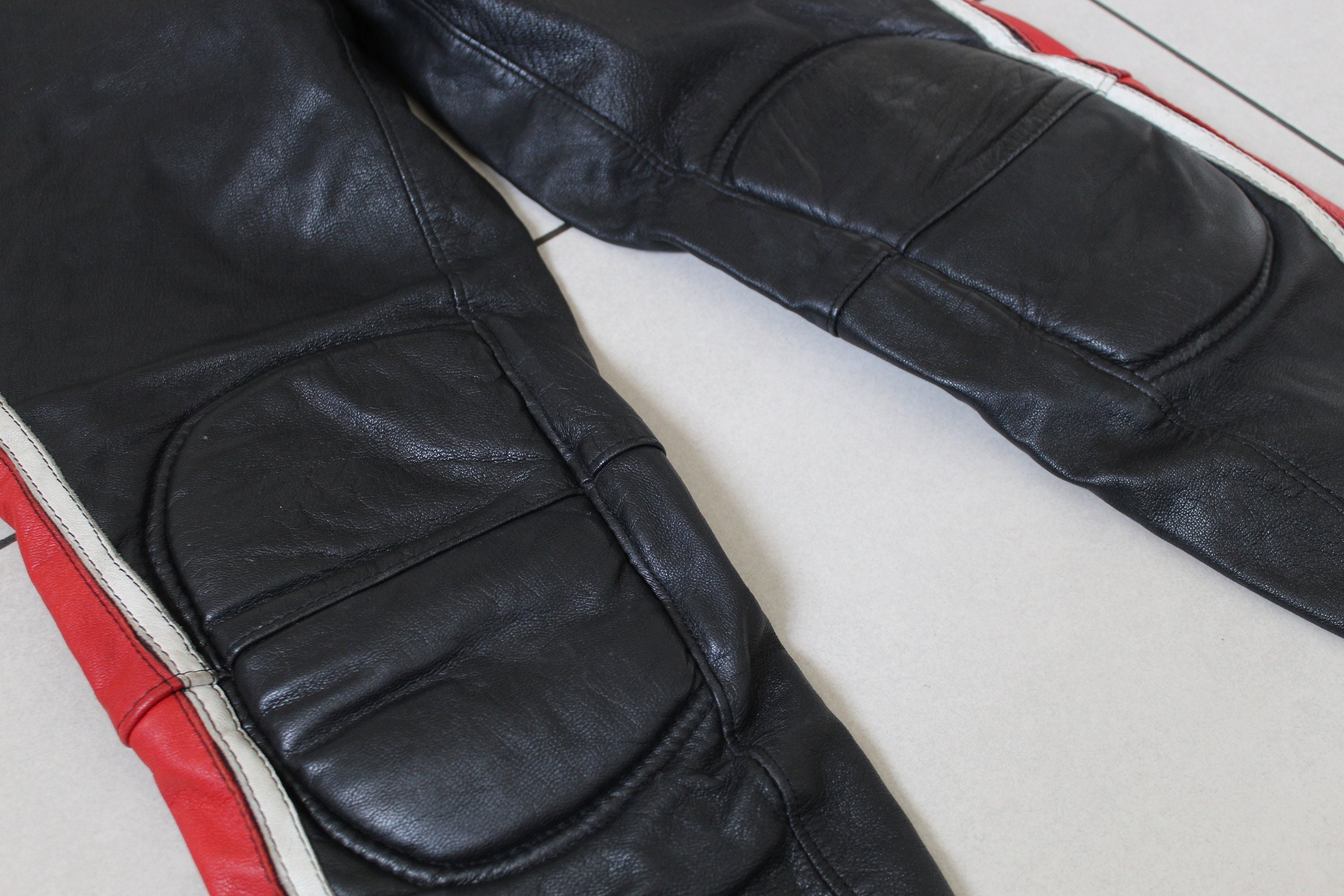 MOTORCYCLE LEATHER PANTS 80s Trousers Biker Black Red Racing