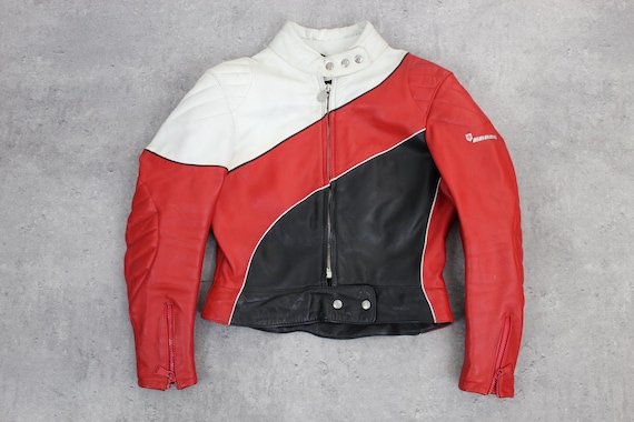 Y2K Rote Lederjacke Gestreifte Motorradjacke Bikerjacke Cafe Racer