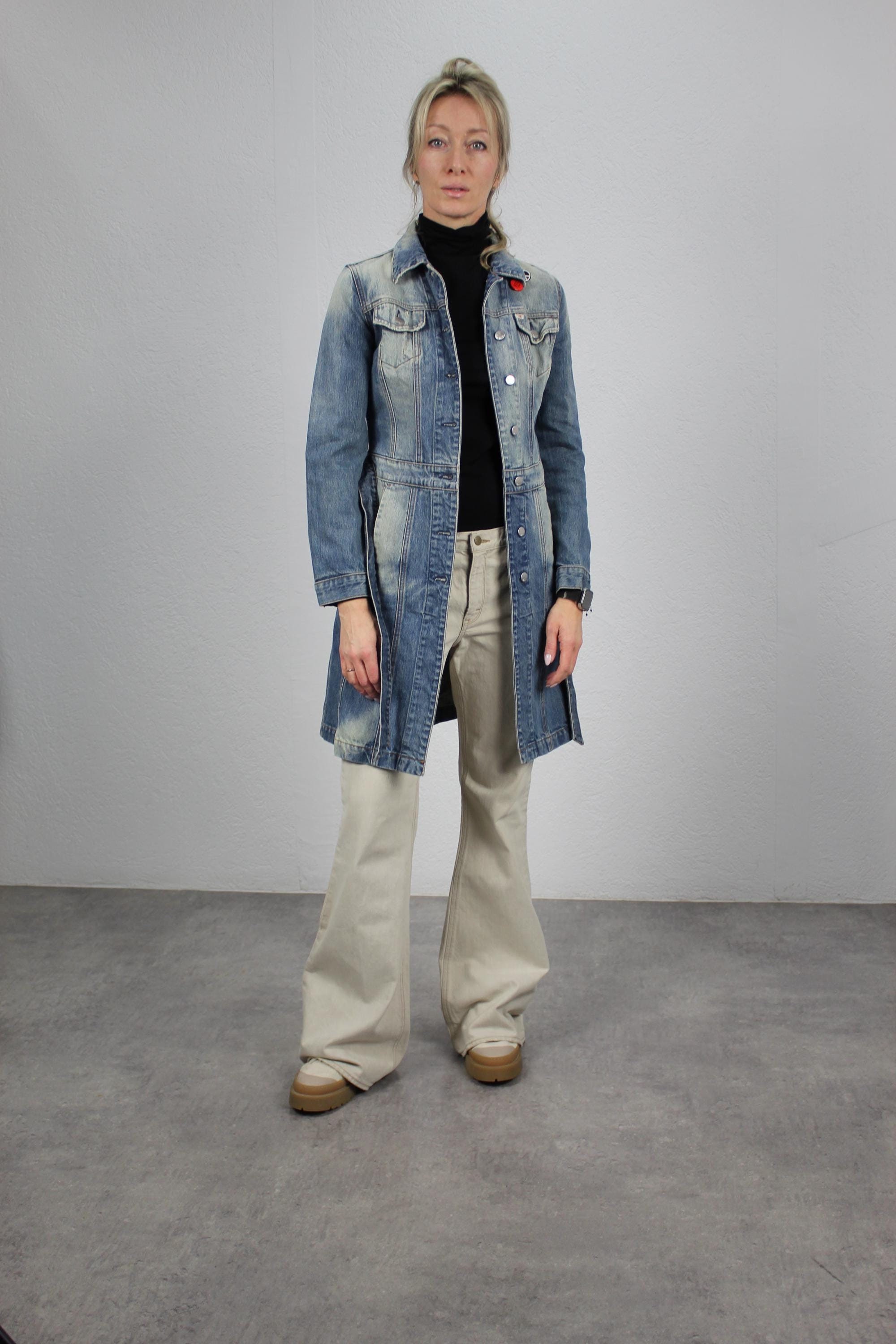 Y2K Miss Sixty Denim Trench Coat Jean Belted Trench Coat Women