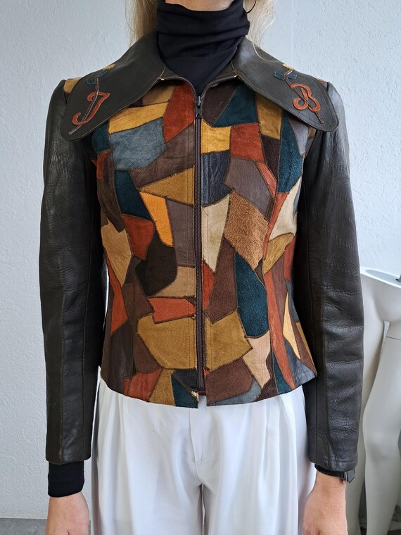 70s Leather Patchwork Jacket Zip up Short Coat Si… - image 7