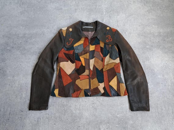 70s Leather Patchwork Jacket Zip up Short Coat Si… - image 1