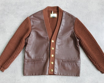 Upcycled Leather Front Cardigan 60s Vintage Sweater Brown Knit Jacket Gold Button Cardigan Retro Wool Blend Sweater Small
