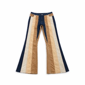 Calça boca de sino patchwork Y2K em veludo cotelê listrado marrom e bege, estilo hippie dos anos 70, tamanhos P (27) e M (28).
