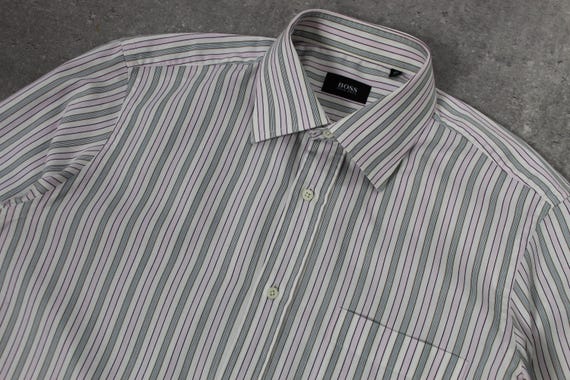 Hugo Boss, Pink Striped Shirt 90s Hugo Boss Grey White Shirt Long Sleeve Button Up Chest Pocket Preppy Collar Vintage 1990s Mens Medium