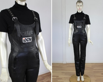 Macacão de couro preto para motocicleta, calça feminina 90s, macacão de motociclista, couro genuíno, vintage, joelhos acolchoados, tamanho y2k, extra pequeno/s