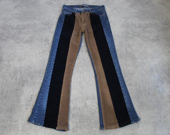 70s vintage corduroy denim striped beige brown pants 00s PATCHWORK Flare Jeans in Blue Denim 2000s Low Rise Bootcut Pants Extra Small / S