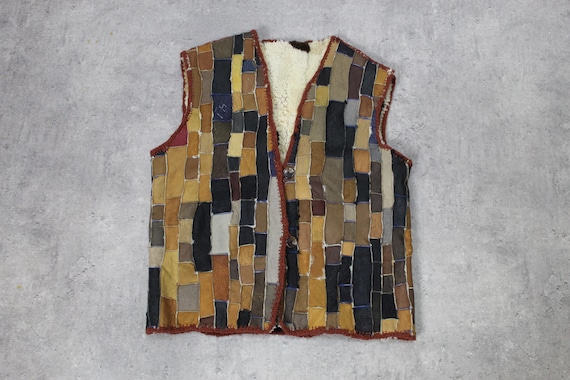 60s Suede Vest Shearling Brown Patchwork Leather … - image 1