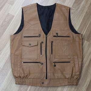 DEADSTOCK 90s Cargo Pocket Vest Multi Pockets Tan Leather Vest Utility Sleeveles Brown 1990s Vest Zip up Vintage Vest Retro Men Size 50 M L