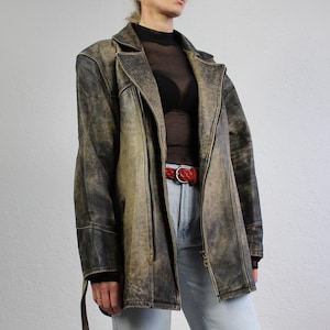 Veste en cuir vieilli des années 90, manteau véritable, gris délavé, patine noire, manteau vintage délavé à l'acide, ceinture pour femme, surdimensionné XL