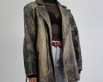 90s Distressed Leather Jacket Coat Real Genuine Faded Gray Black Patina Vintage Acid Wash Coat belt Women Oversized XL