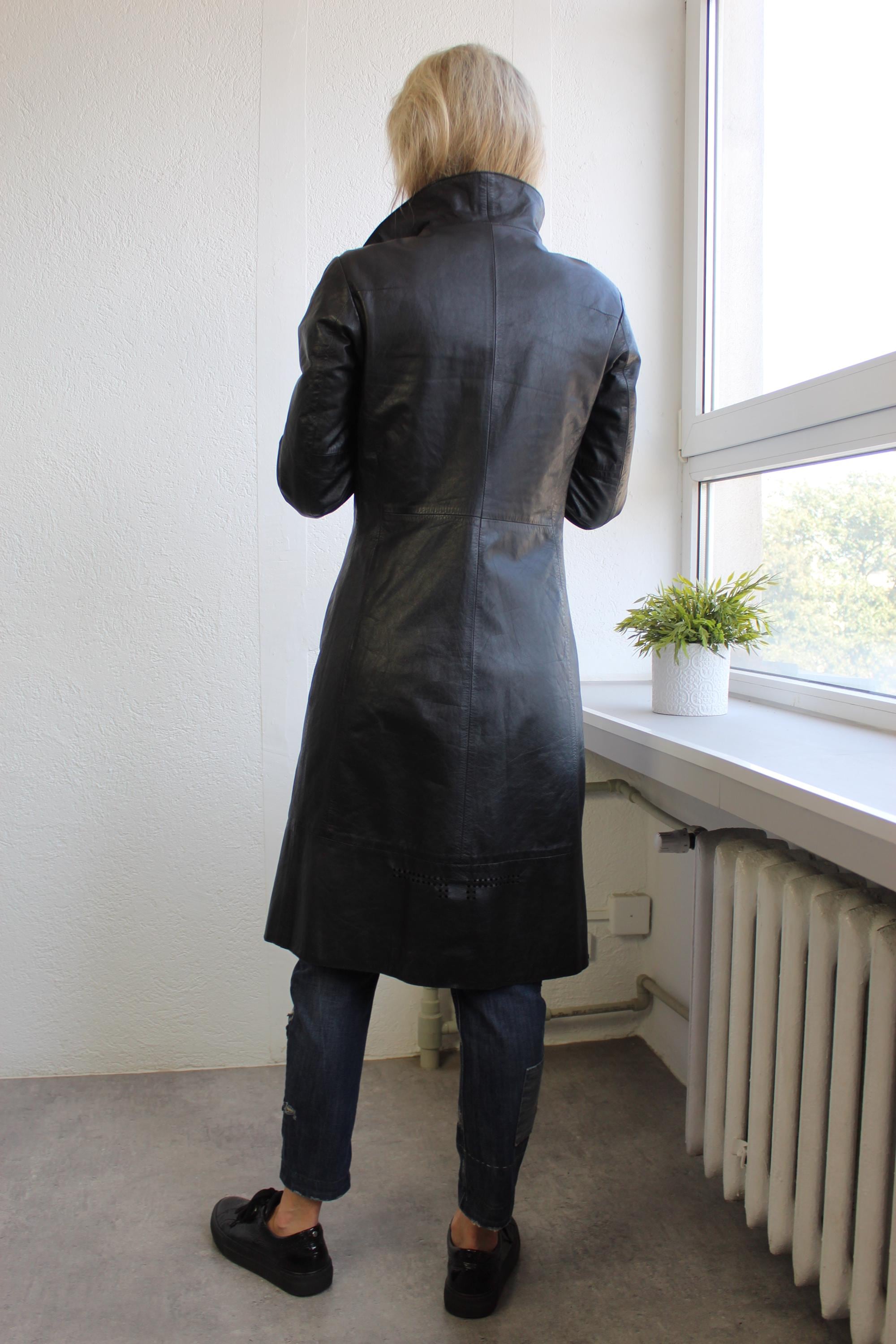 Vintage Y2k Diesel Leather Black Coat Long Zip up Trench Coat Mid