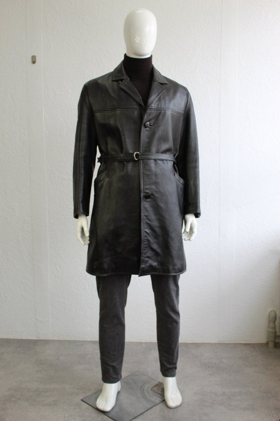 Black Leather Coat Vintage 80s Trench Mens Long Coat Belted Spy
