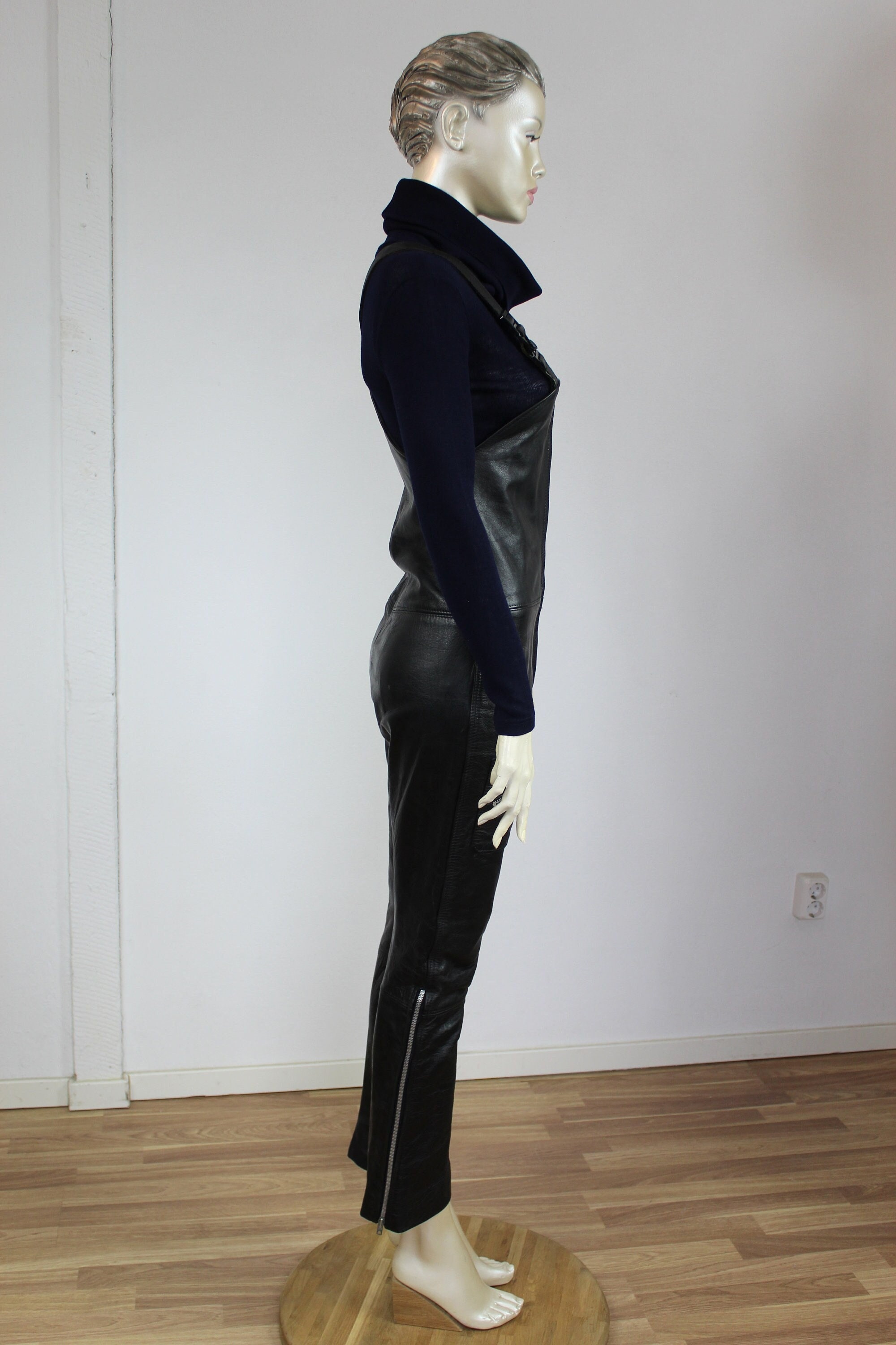 Black Leather Dungarees 70s Bib Overalls Pants Vintage 1970s