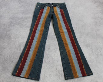 RARE 70s Striped Corduroy & Blue Denim Pants Bellbottom Bootcut Vintage Boho Hippie Trousers 30" 31"