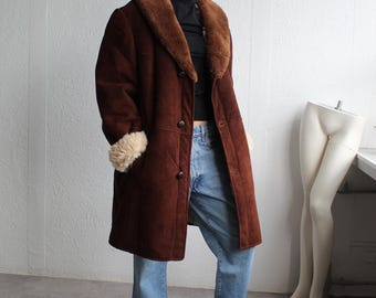80s Brown Sheepskin Coat Size XL Vintage Shearling Coat Western Style Overcoat Vintage Outerwear Barn Coat Womens Clothing Sherpa Rancher