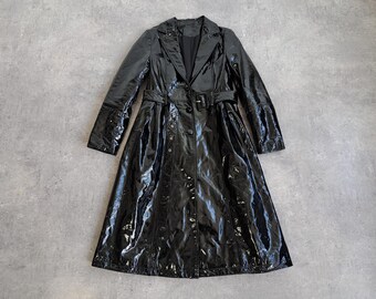 Y2k Black Patent Leather Coat Belted Leather Shiny Trench Coat Long Outerwear Women's Size XS / S DEADSTOCK
