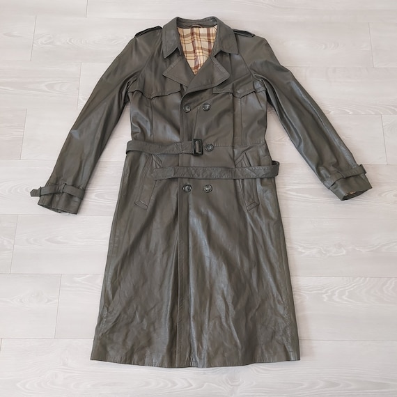 Leather Trench Coat 80s Moss Green Leather Jacket Women's Large, Men's M Belted Double Breasted 1980s Button Size L Large