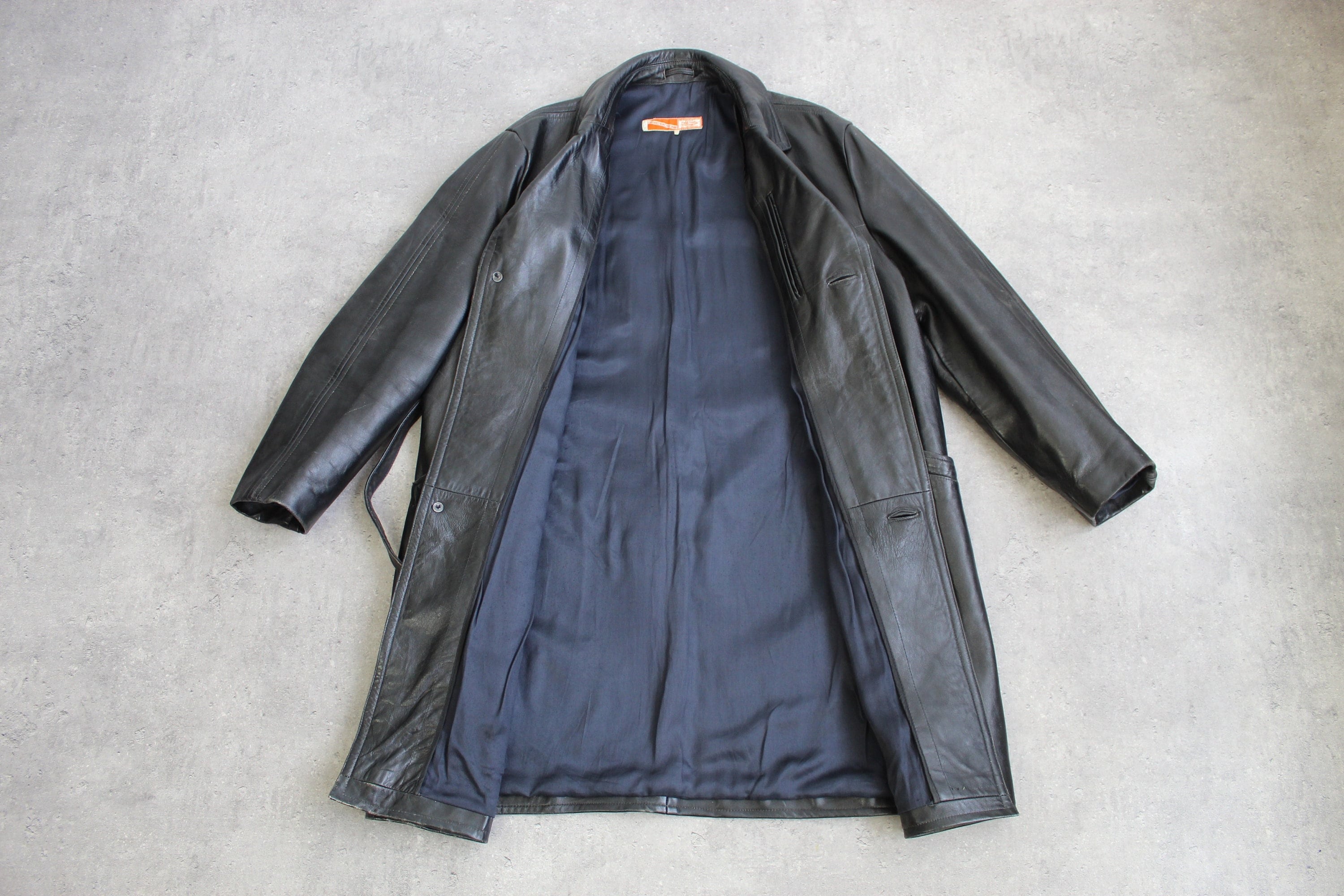 Black Leather Coat Vintage 80s Trench Mens Long Coat Belted Spy