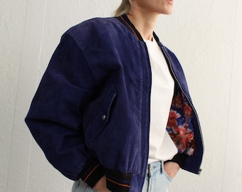 Vintage Suede Jacket 90s Blue Leather Bomber Jacket Retro Zip Up Coat Biker Cafe Racer Sporty 1990s Small / Medium