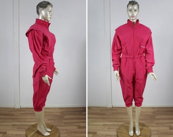 Pink Shorts Romper 80s Adidas Jumpsuit Coveralls Button up Jumpsuit Streetwear Sport Long Sleeve Playsuit Womens Vintage 1980s Large / XL