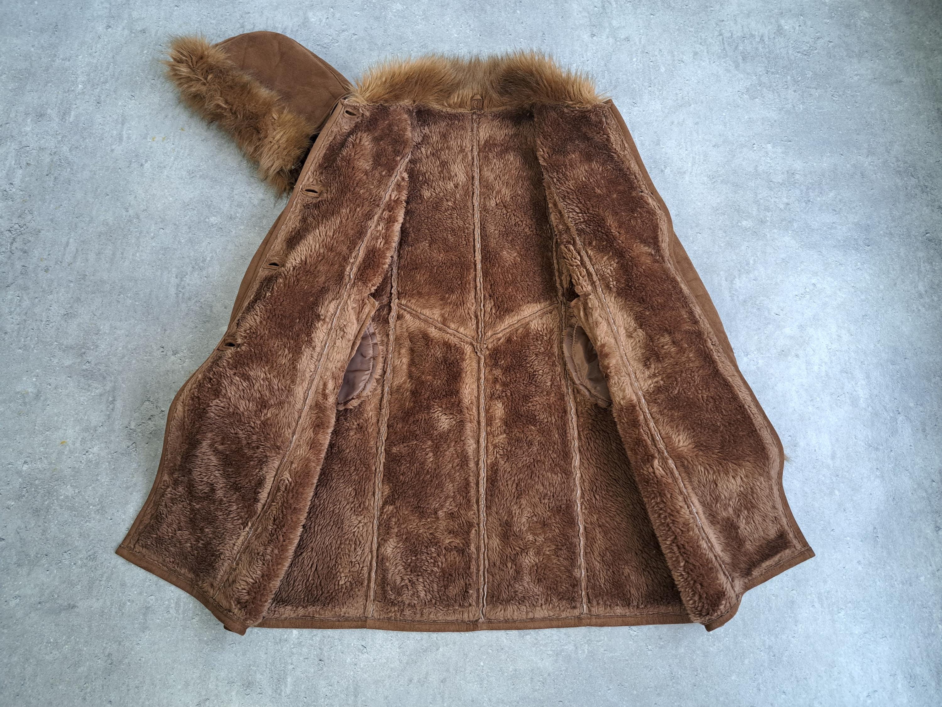 Vintage Y2K Hood Coat Brown Tan Shearling Faux Fur Collar 2000s