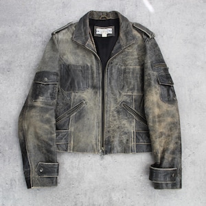 Veste en cuir vieilli vintage des années 2000, courte, grise, style moto, col zippé, patine usée, années 1990, pour femme, taille M