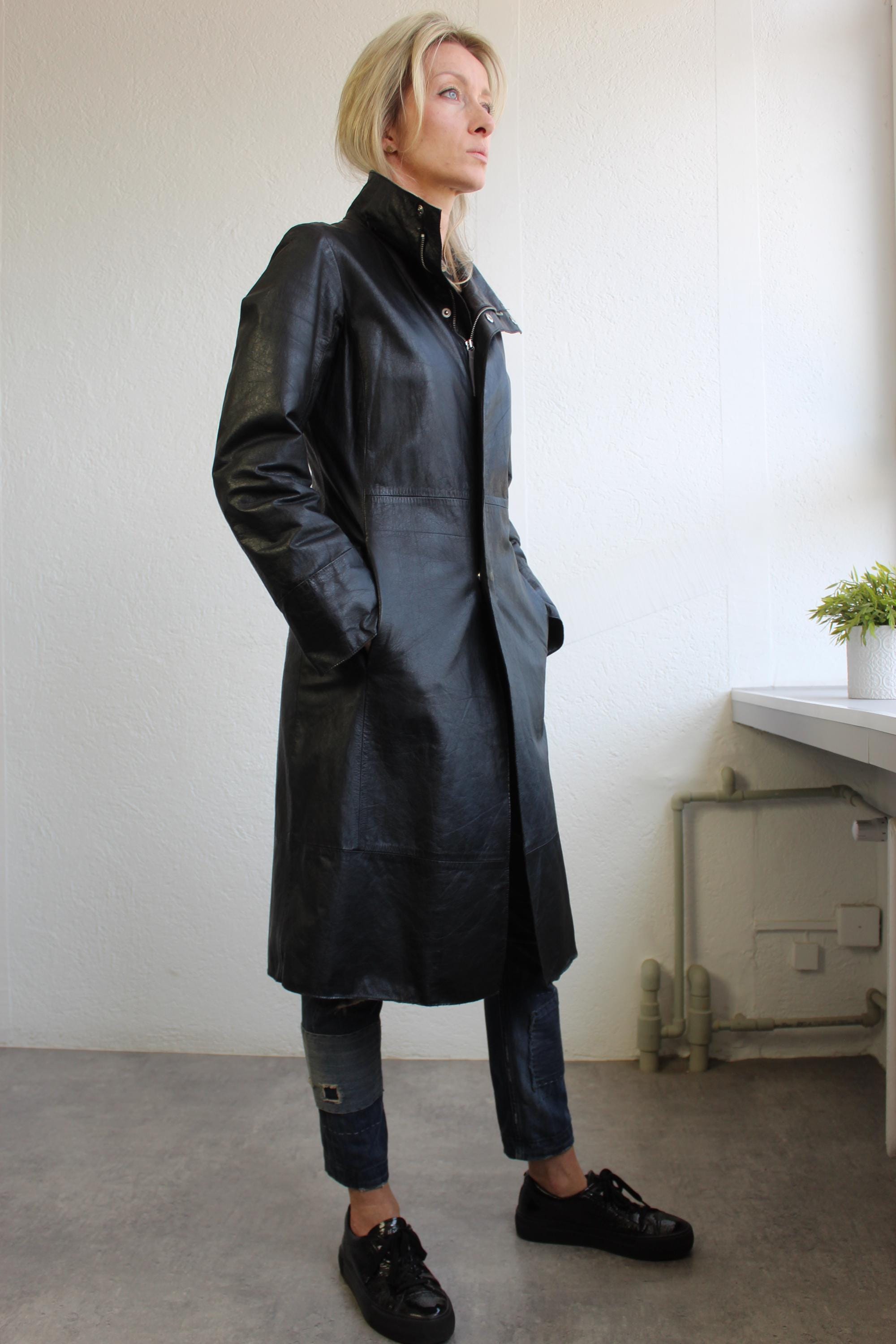 Vintage Y2k Diesel Leather Black Coat Long Zip up Trench Coat Mid