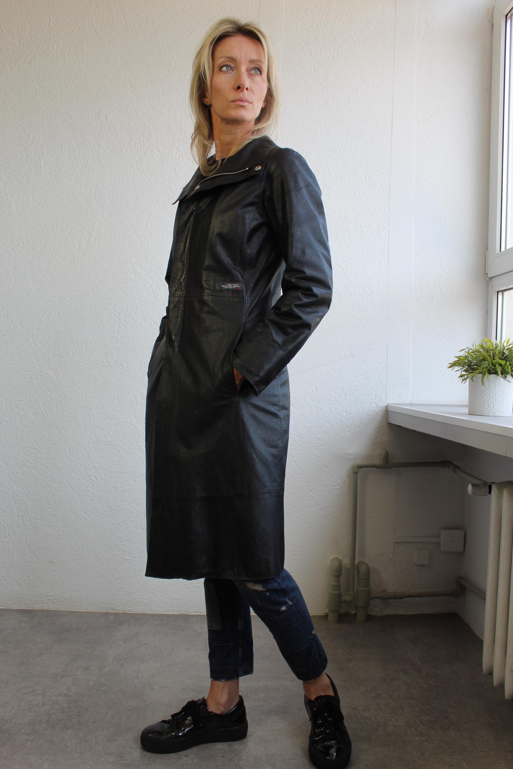 Vintage Y2k Diesel Leather Black Coat Long Zip up Trench Coat Mid