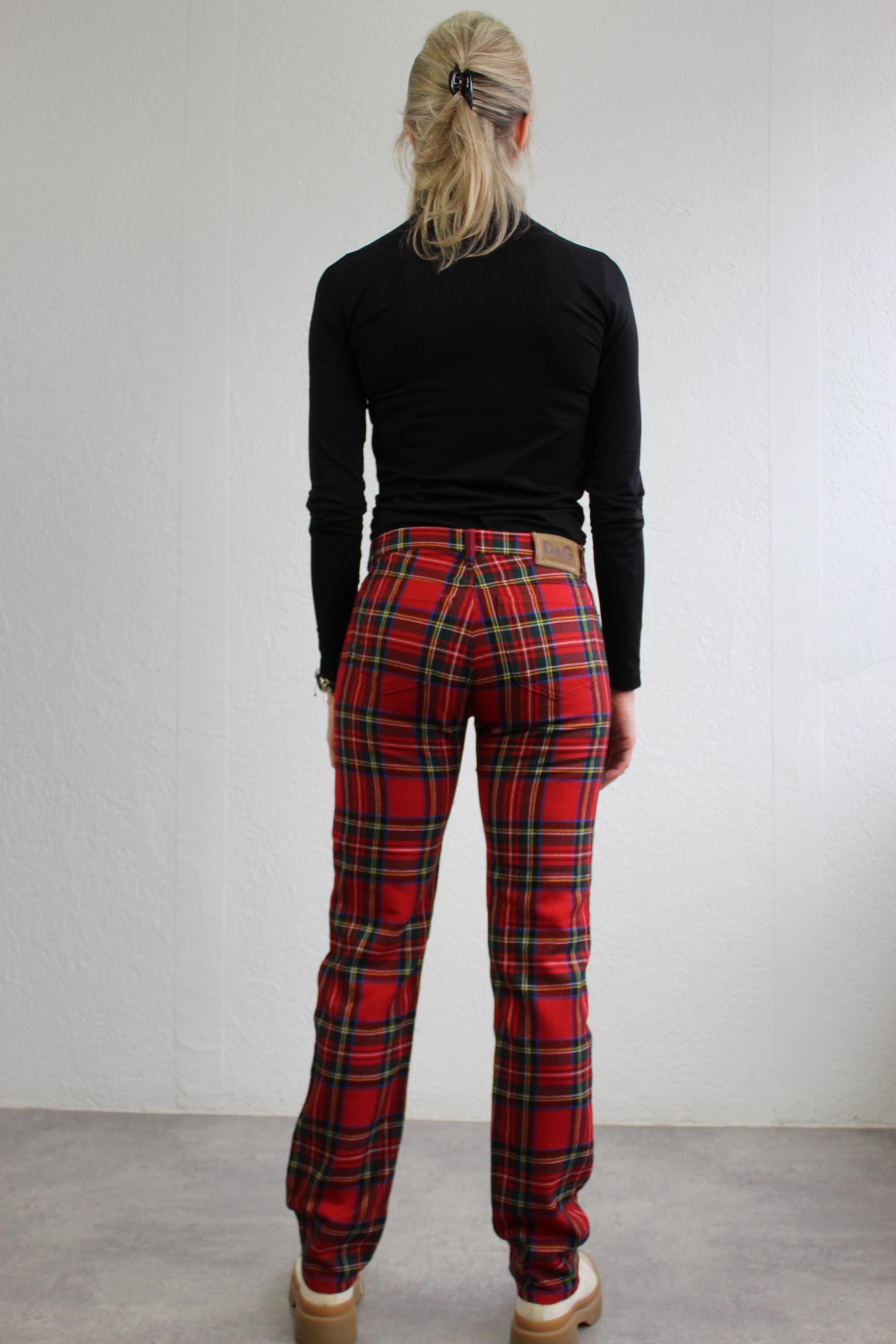 DOLCE&GABBANA D&G ボンテージパンツ ウール タータンチェック Tartan Plaid Red Pants Dolce Gabbana Wool Checkered Print Punk