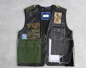 Upcycled 90s Leather Vest – Patchwork Military Style, Handmade Utility Vest, Vintage Reworked Jacket, One of a Kind