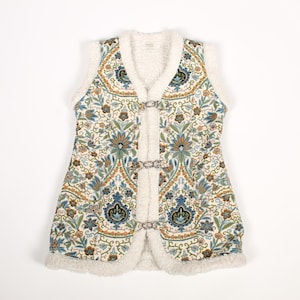 Blommig väst från 1970-talet, fodrad med konstskinn, hippie, boho, festivalväst, M
