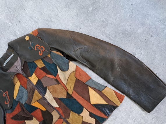 70s Leather Patchwork Jacket Zip up Short Coat Si… - image 3