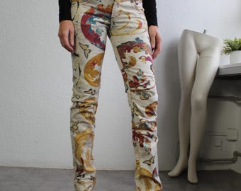 Just Cavalli ゼブラ柄 ブリーチ デニム M イタリア製 Y2K Y2K Cavalli Euro Trash Fish Scales Hot Pink Turquoise Stretch
