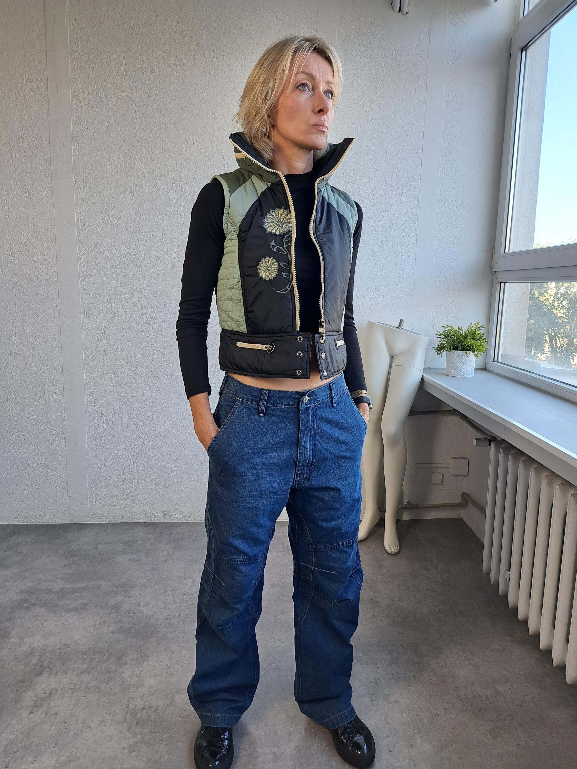Diesel, Vintage Diesel High Neck Cropped Puffer Vest Zip Up Floral Embroidery Quilted Sleeveless Jacket Small / Medium